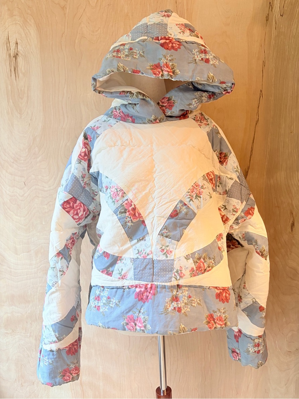 Handmade Floral Patchwork Quilted Hoodie - Cream & Blue